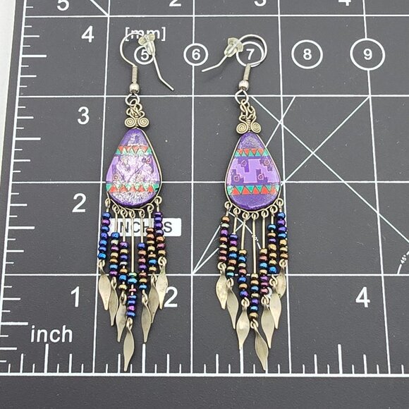 VTG Purple Southwestern Dangle Drop Earrings Beaded Fringe Tribal Pattern Design - Picture 6 of 7